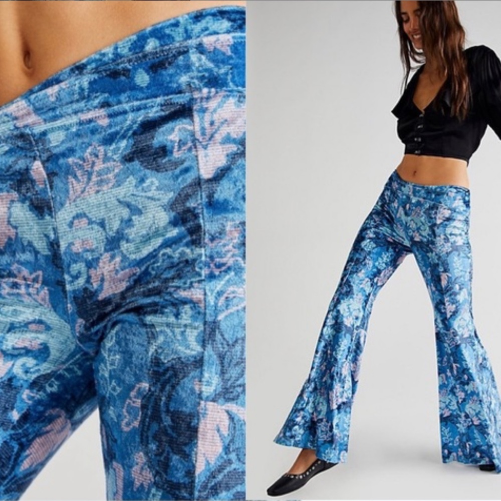 NWOT Free People Paisley Print Velvet Low Rise Flares Pants Z471